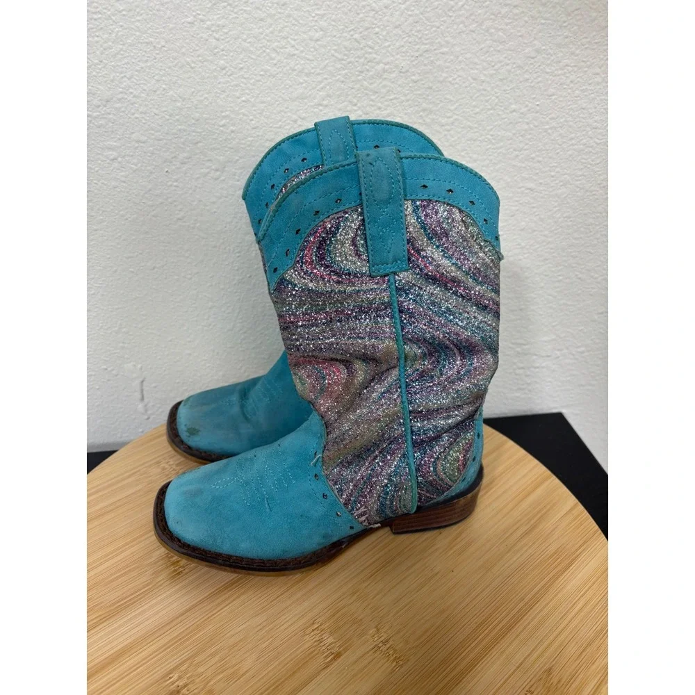 Roper Boots Girl Toddler 10 Glitter Swirl Blue Western Cowboy Sparkly Faux Suede
